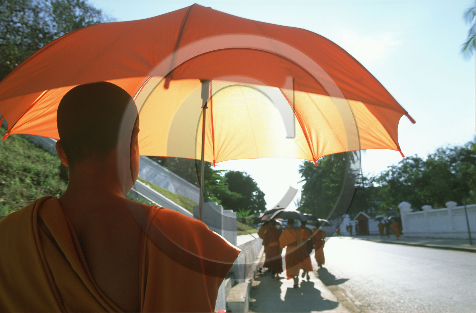 LAOS, MOINES AVEC PARAPLUIE DANS LES RUES DE LUANG PRABANG.